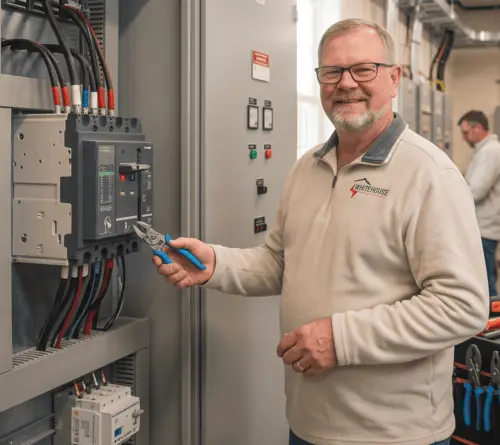 Whitehouse Electric technician preparing tools before starting an electrical installation.