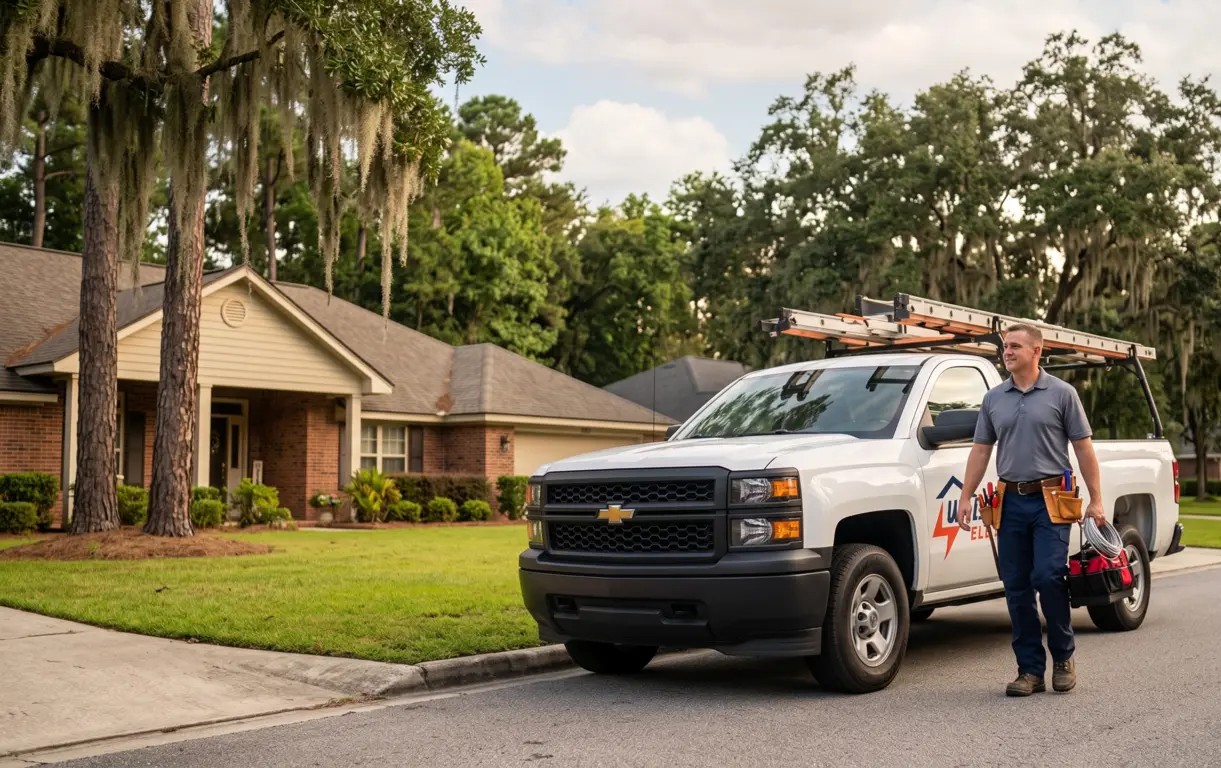 Whitehouse Electric LLC technician with branded service truck in a Southeast Georgia residential neighborhood.